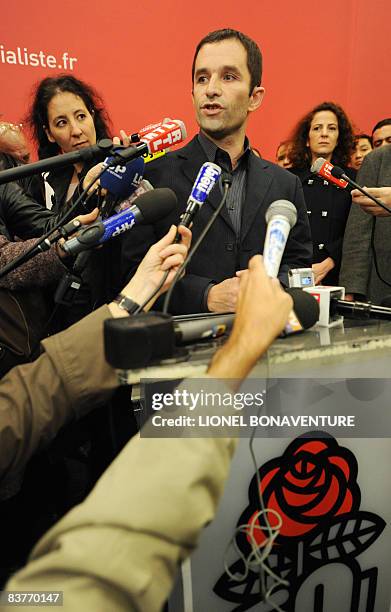 Euro-MP Benoit Hamon delivers a speech at the Socialist headquarters after the results of the first round vote for a new leader on November 21, 2008...