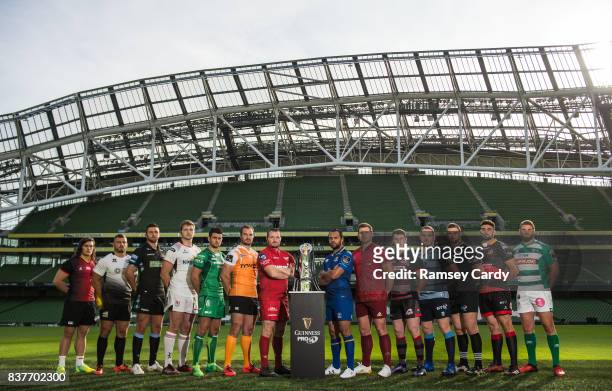 Dublin , Ireland - 23 August 2017; PRO14 players, from left, CJ Velleman of Southern Kings, Tommaso Castello of Zebre, Ryan Wilson of Glasgow...