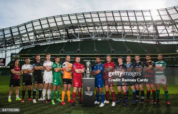 Dublin , Ireland - 23 August 2017; PRO14 players, from left, CJ Velleman of Southern Kings, Tommaso Castello of Zebre, Ryan Wilson of Glasgow...