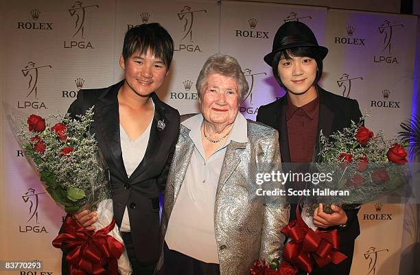 Founder Louise Suggs poses with Rookie of the Year points leaders Yani Tseng of Taiwan and Na Yeon Choi of South Korea during the Rolex Awards...