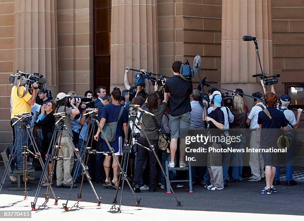 Tony Byrne, father of Caroline Byrne, is surrounded by the media after the jury found Gordon Wood guilty of murdering his daughter, outside...