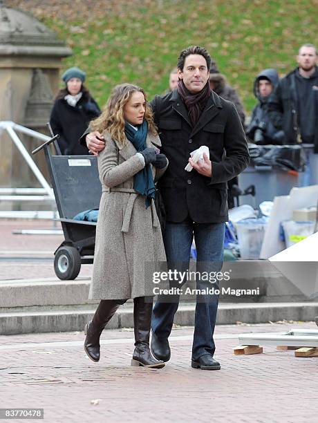 Natalie Portman and co-star Scott Cohen on location in Central Park for the filming of ''Love and Other Impossible Pursuits'' on November 20, 2008 in...
