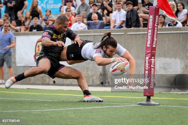 Liam Kay of Toronto Wolfpack scored a tries during Super 8s Round 4 game between Toronto Wolfpack vs Newcastle Thunder at Allan A. Lamport Stadium in...