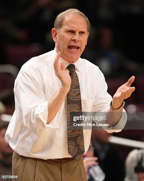 Head coach of the Michigan Wolverines John Beilein on the sideline against the UCLA Bruins on November 20, 2008 at Madison Square Garden in New York...
