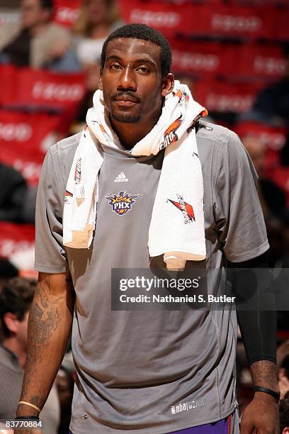 Amare Stoudemire of the Phoenix Suns looks on during warm-ups prior to the game against the New Jersey Nets at the IZOD Center on November 4, 2008 in...