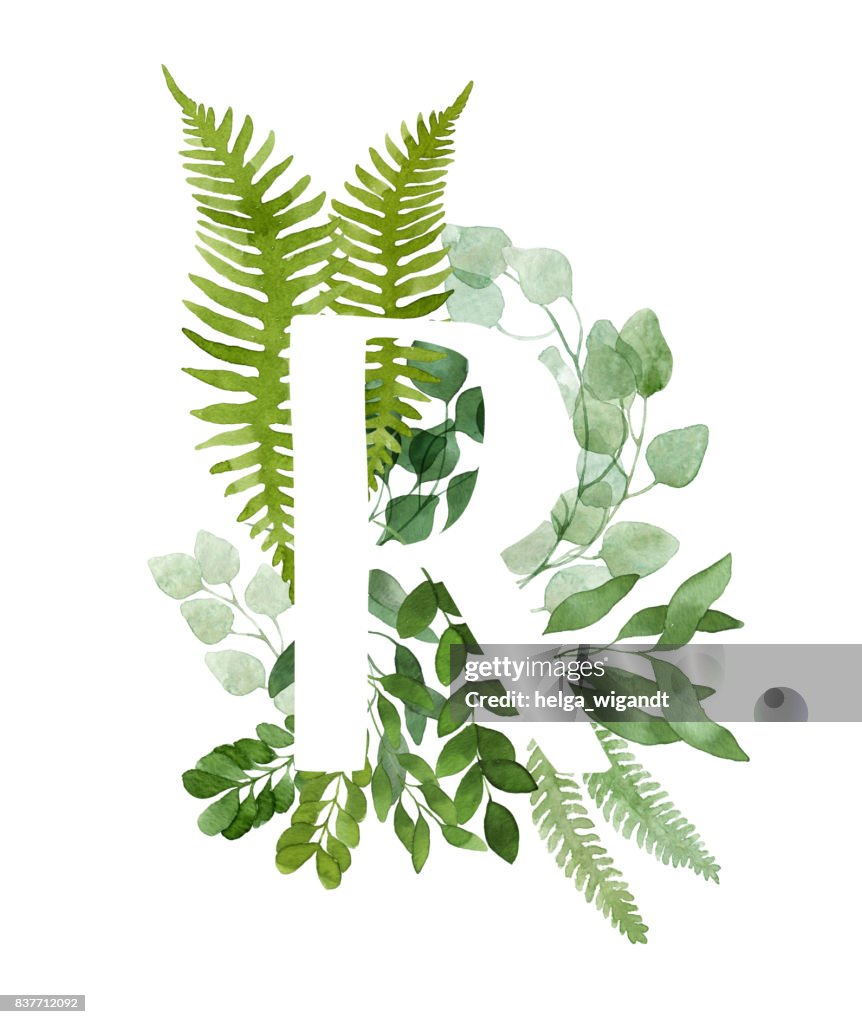 Green Flower Lettered R Floral Letter R Beautiful Green Leaves And Branches Painted With ...