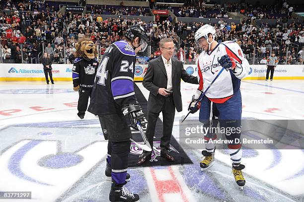 Newly elected Hockey Hall of Fame member, Igor Larionov and Alexander Frolov of the Los Angeles Kings participates in the Russian Heritage Night...