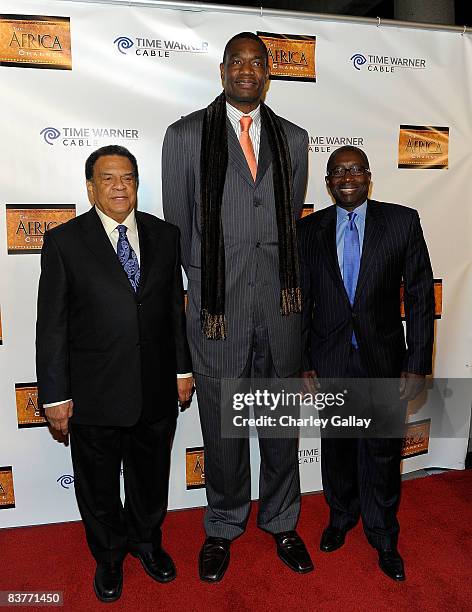 Ambassador Andrew Young, basketball player Dikembe Mutombo, and The Africa Channel founder James Makawa attend the Los Angeles launch of The Africa...