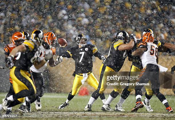 Ben Roethlisberger of the Pittsburgh Steelers throws a second quarter pass against the Cincinnati Bengals on November 20, 2008 at Heinz Field in...