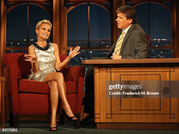 Actress Kristen Chenoweth and host Craig Ferguson talk during a segment of "The Late Late Show with Craig Ferguson" at CBS Television City on...