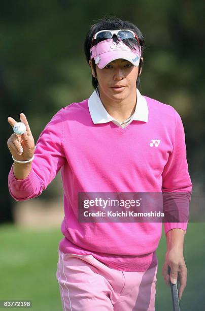 Ryo Ishikawa of Japan reacts to a putt on the 13th green during the second round of the Dunlop Phoenix Tournament 2008 at Phoenix Country Club on...