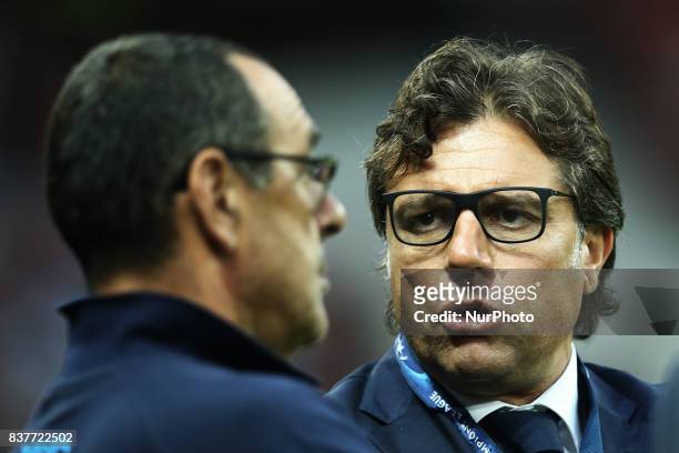 Napoli trainer Maurizio Sarri with the Sport Director Cristiano Giuntoli during the UEFA Champions League Qualifying Play-Offs round, second leg...