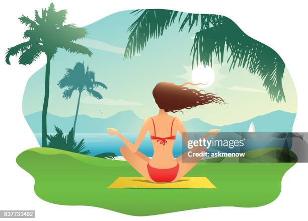 young woman doing yoga on the beach - sunrise yoga stock illustrations