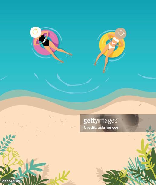 stockillustraties, clipart, cartoons en iconen met twee vrouwen zwemmen op de opblaasbare ring - waterlijn