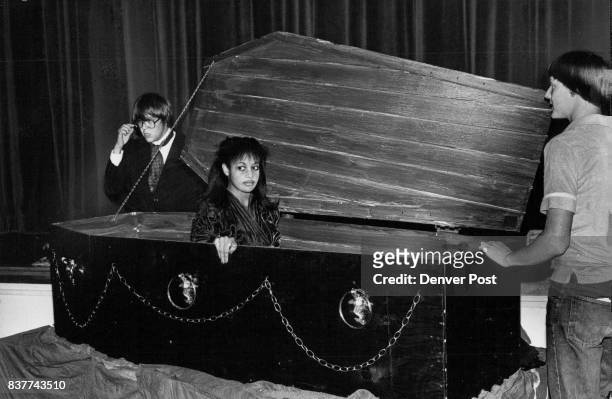 One of Count Dracula’s victims arises from her coffin La Tanya Hall is shown sitting in a coffin which was especially built for the Columbine High...