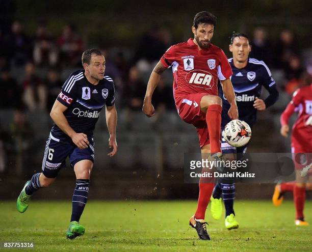 Vince Lia of United controls the ball during the round of 16 FFA Cup match between Adelaide United and Melbourne Victory at Marden Sports Complex on...