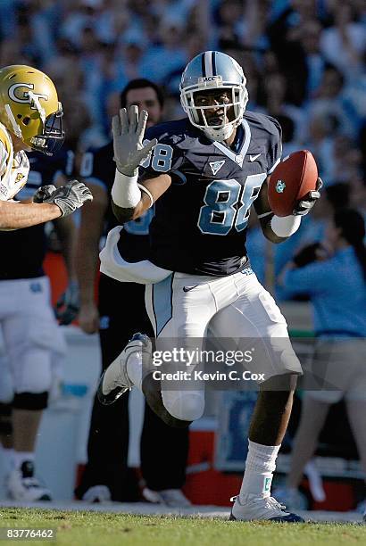 Hakeem Nicks of the North Carolina Tar Heels carries the ball during the game against the Georgia Tech Yellow Jackets at Kenan Stadium on November 8,...