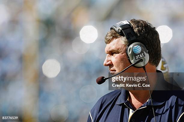 Head coach Paul Johnson of the Georgia Tech Yellow Jackets watches the action from the sidelines during the game against the North Carolina Tar Heels...