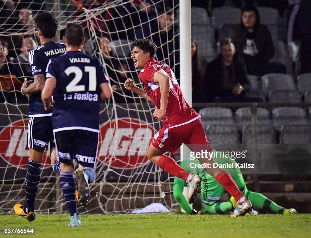 George Blackwood of United celebrates after scoring a goal from a penalty kick during the round of 16 FFA Cup match between Adelaide United and...