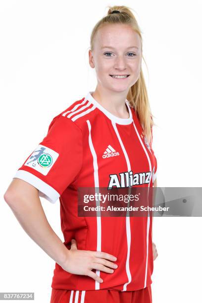 Anna Gerhardt of Bayern Muenchen poses during the Allianz Frauen Bundesliga Club Tour at FC Bayern Muenchen Campus on August 20, 2017 in Munich,...