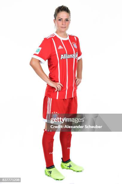 Melanie Leupolz of Bayern Muenchen poses during the Allianz Frauen Bundesliga Club Tour at FC Bayern Muenchen Campus on August 20, 2017 in Munich,...