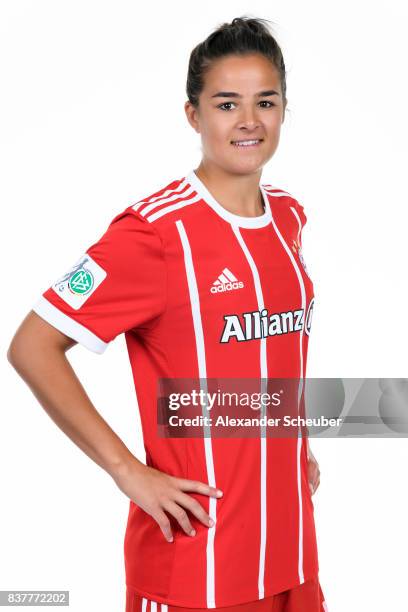 Lena Lotzen of Bayern Muenchen poses during the Allianz Frauen Bundesliga Club Tour at FC Bayern Muenchen Campus on August 20, 2017 in Munich,...