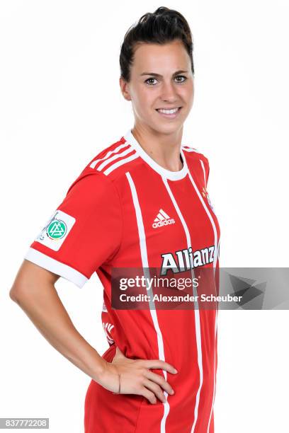 Viktoria Schnaderbeck of Bayern Muenchen poses during the Allianz Frauen Bundesliga Club Tour at FC Bayern Muenchen Campus on August 20, 2017 in...