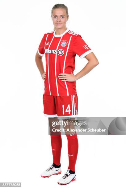 Fridolina Rolfoe of Bayern Muenchen poses during the Allianz Frauen Bundesliga Club Tour at FC Bayern Muenchen Campus on August 20, 2017 in Munich,...