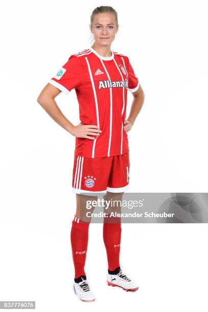 Fridolina Rolfoe of Bayern Muenchen poses during the Allianz Frauen Bundesliga Club Tour at FC Bayern Muenchen Campus on August 20, 2017 in Munich,...