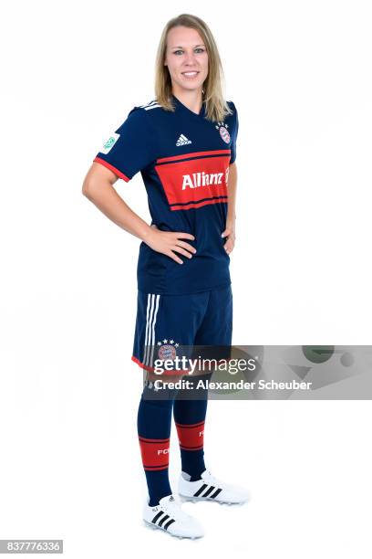 Kristin Demann of Bayern Muenchen poses during the Allianz Frauen Bundesliga Club Tour at FC Bayern Muenchen Campus on August 20, 2017 in Munich,...