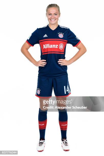 Fridolina Rolfoe of Bayern Muenchen poses during the Allianz Frauen Bundesliga Club Tour at FC Bayern Muenchen Campus on August 20, 2017 in Munich,...