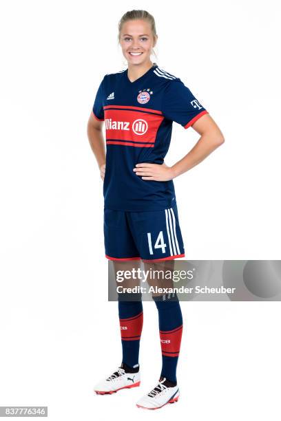 Fridolina Rolfoe of Bayern Muenchen poses during the Allianz Frauen Bundesliga Club Tour at FC Bayern Muenchen Campus on August 20, 2017 in Munich,...