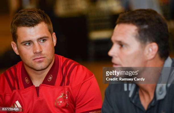 Dublin , Ireland - 23 August 2017; Munster director of rugby Rassie Erasmus and CJ Stander at the Guinness PRO14 season launch at the Aviva Stadium...