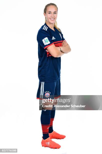 Sydney Lohmann of Bayern Muenchen poses during the Allianz Frauen Bundesliga Club Tour at FC Bayern Muenchen Campus on August 20, 2017 in Munich,...