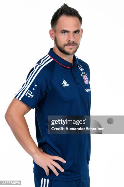 Marco Knirsch of Bayern Muenchen poses during the Allianz Frauen Bundesliga Club Tour at FC Bayern Muenchen Campus on August 20, 2017 in Munich,...