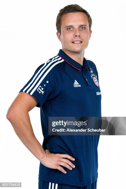 Henrik Frach of Bayern Muenchen poses during the Allianz Frauen Bundesliga Club Tour at FC Bayern Muenchen Campus on August 20, 2017 in Munich,...