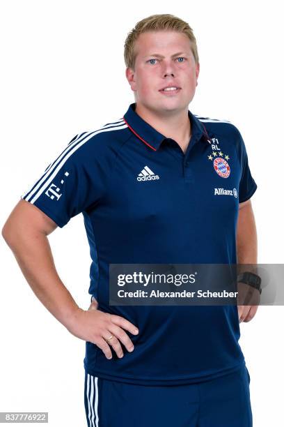 Roman Langer of Bayern Muenchen poses during the Allianz Frauen Bundesliga Club Tour at FC Bayern Muenchen Campus on August 20, 2017 in Munich,...