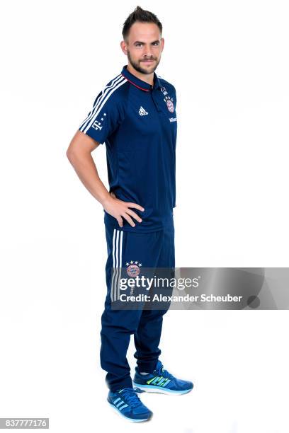 Marco Knirsch of Bayern Muenchen poses during the Allianz Frauen Bundesliga Club Tour at FC Bayern Muenchen Campus on August 20, 2017 in Munich,...