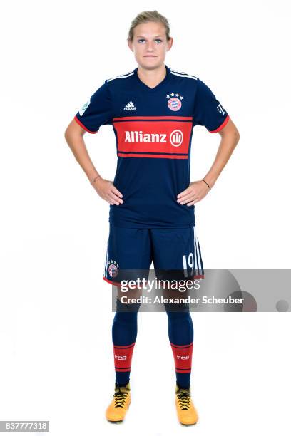 Carina Wenninger of Bayern Muenchen poses during the Allianz Frauen Bundesliga Club Tour at FC Bayern Muenchen Campus on August 20, 2017 in Munich,...