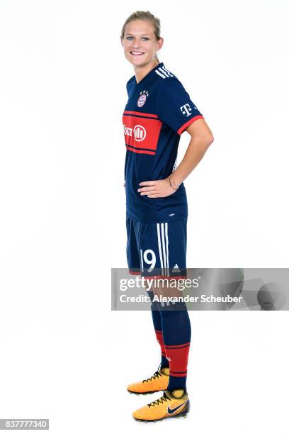 Carina Wenninger of Bayern Muenchen poses during the Allianz Frauen Bundesliga Club Tour at FC Bayern Muenchen Campus on August 20, 2017 in Munich,...