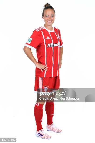 Gina Lewandowski of Bayern Muenchen poses during the Allianz Frauen Bundesliga Club Tour at FC Bayern Muenchen Campus on August 20, 2017 in Munich,...