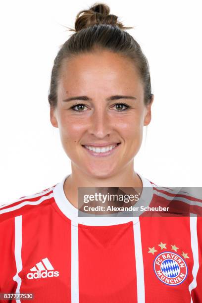 Gina Lewandowski of Bayern Muenchen poses during the Allianz Frauen Bundesliga Club Tour at FC Bayern Muenchen Campus on August 20, 2017 in Munich,...