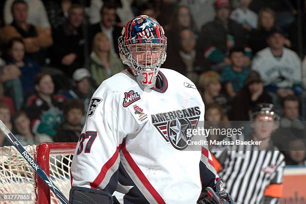 Chet Pickard of the Tri City Americans defends the net against the Kelowna Rockets on November 19, 2008 at Prospera Place in Kelowna, Canada.
