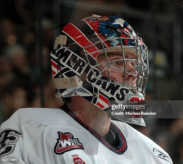 Chet Pickard of the Tri City Americans defends the net against the Kelowna Rockets on November 19, 2008 at Prospera Place in Kelowna, Canada.