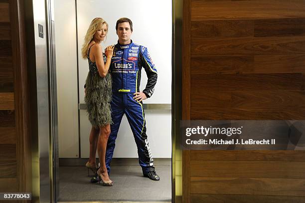 Driver Jimmie Johnson and his wife Chandra Johnson are photographed for Sports Illustrated on November 12, 2008 at the Gansevoort South Hotel in...