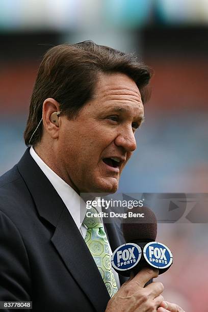 Sports reporter Chris Myers reports on the field before Miami Dolphins take on the Seattle Seahawks at Dolphin Stadium on November 9, 2008 in Miami,...