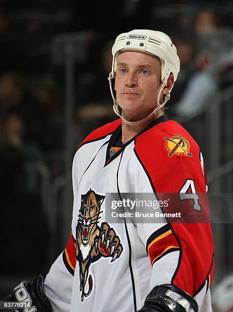 Jay Bouwmeester of the Florida Panthers skates against the New Jersey Devils on November 20, 2008 at the Prudential Center in Newark, New Jersey.