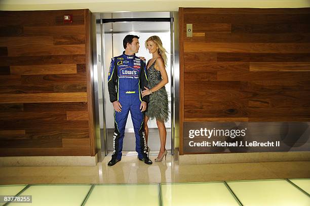 Driver Jimmie Johnson and his wife Chandra Johnson are photographed for Sports Illustrated on November 12, 2008 at the Gansevoort South Hotel in...