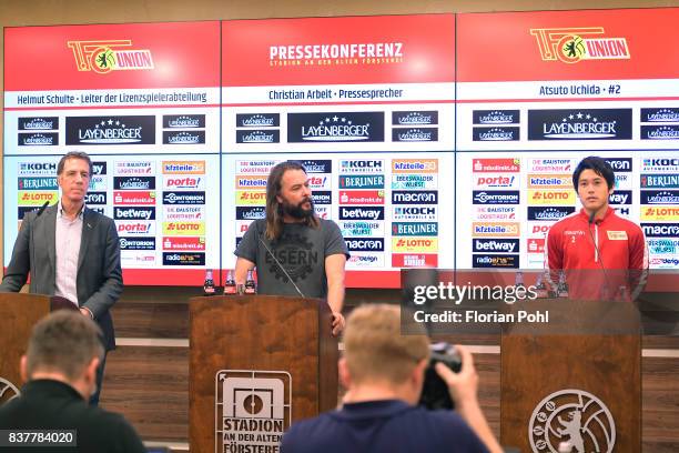 Helmut Schulte, spokesman Christian Arbeit and Atsuto Uchida of 1.FC Union Berlin during the presentation on august 23, 2017 in Berlin, Germany.