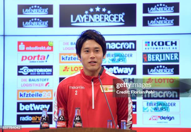 Atsuto Uchida of 1.FC Union Berlin speaks during the presentation on august 23, 2017 in Berlin, Germany.